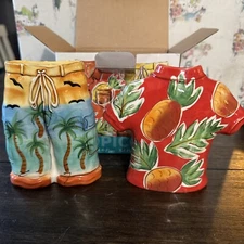 Clay Art Tropicool Tropical  Shirt Shorts Salt & Pepper Shakers W/Crazing