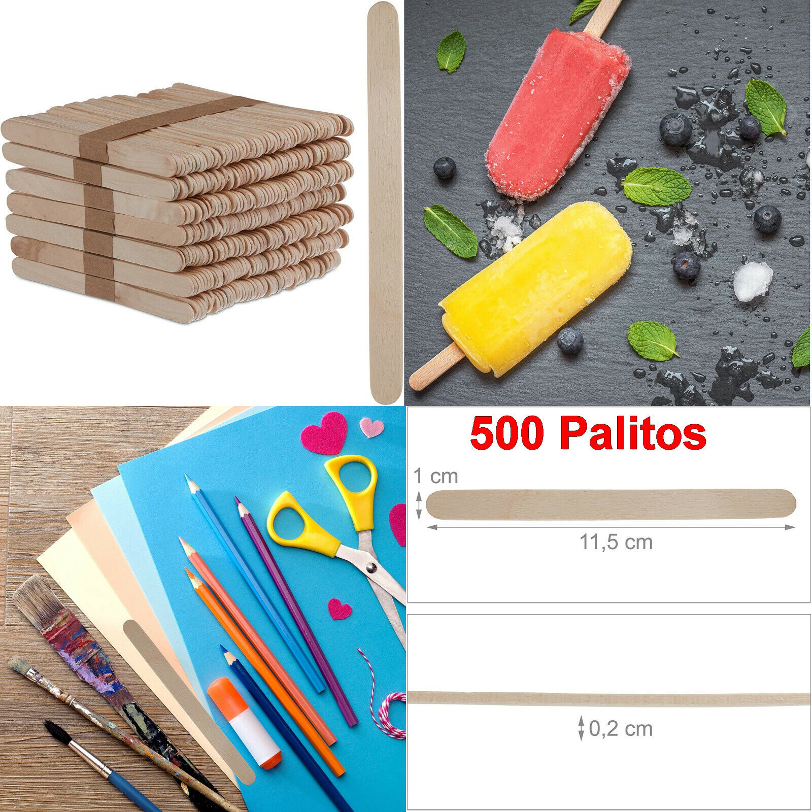 Relaxdays - Set 500 palitos madera natural 11,5 cm para helados,manualidades,etc