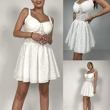 Women's Short Elegant Mini Dress Flared Lace Embroidery Cup Neckline JK