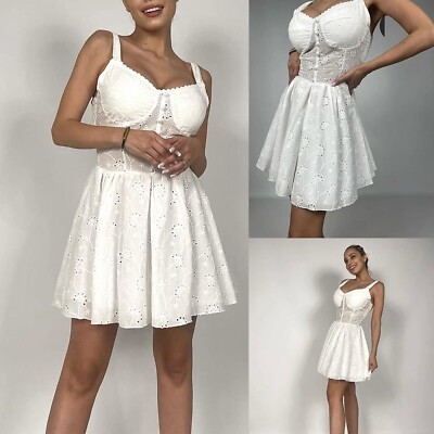 Damen Kleid kurz Minikleid elegant ausgestellt Spitze Stickerei Ausschnitt Cups JK