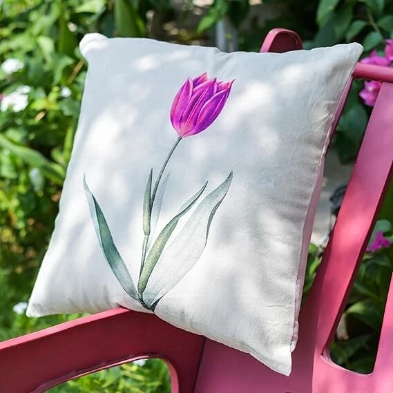 Cotton Tulip Print White Cushion Cover Throw Pillow for Sofa 16x16 in Set 1 PC