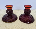 VTG Set Of Fenton glass ruby red hobnail candle holders - UV glow MCM