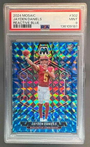 9181 Jayden Daniels 2024 Panini Mosaic #302 Reactive Blue Prizm RC PSA 9