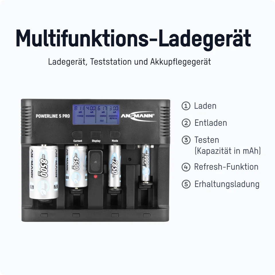 ANSMANN Akku-Ladegerät für 4x AA/AAA/C/D + 1x 9V-Block NiMH mit Entladefunktion - Bild 2 von 4