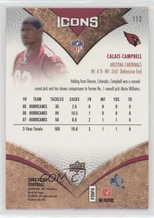 2008 Upper Deck Icons NFL Rookies /750 Calais Campbell #112 Rookie RC - Image 2 of 2