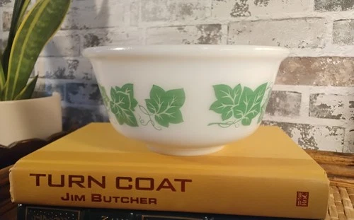Vintage Hazel Atlas Milk Glass Green Ivy Small 7” Nesting Mixing Bowl (2)