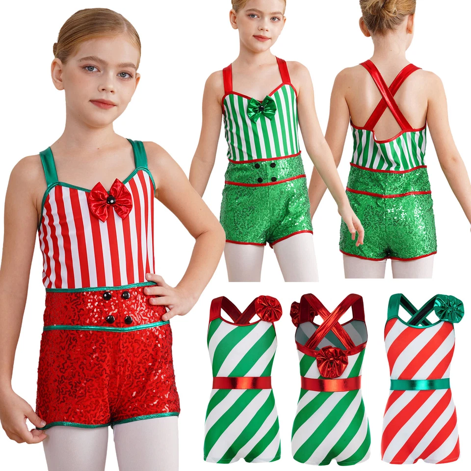 Girls Christmas Elf Costumes Candy Cane Striped Dance Leotard Unitard Gymnastics - Image 4 of 4