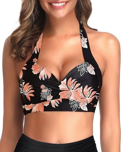 Tempt Me NWT Bikini Top Push Up Swim Halter Retro Bathing Suit Black Floral M - 第 1/5 張圖片