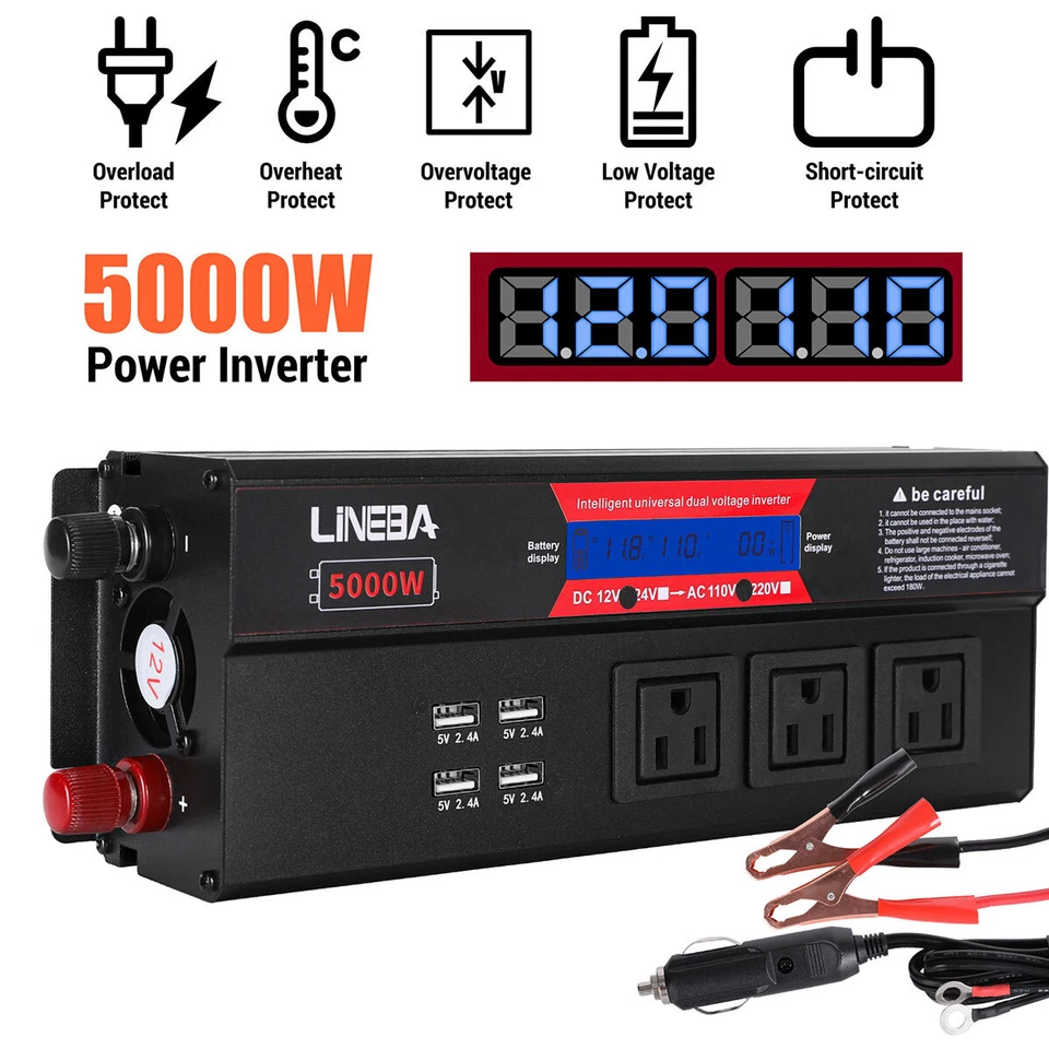 Inversor de potencia de onda sinusoidal 2500W 5000W DC 12V 24V a CA 110V 3AC 4USB pantalla LCD Foto 4 de 4