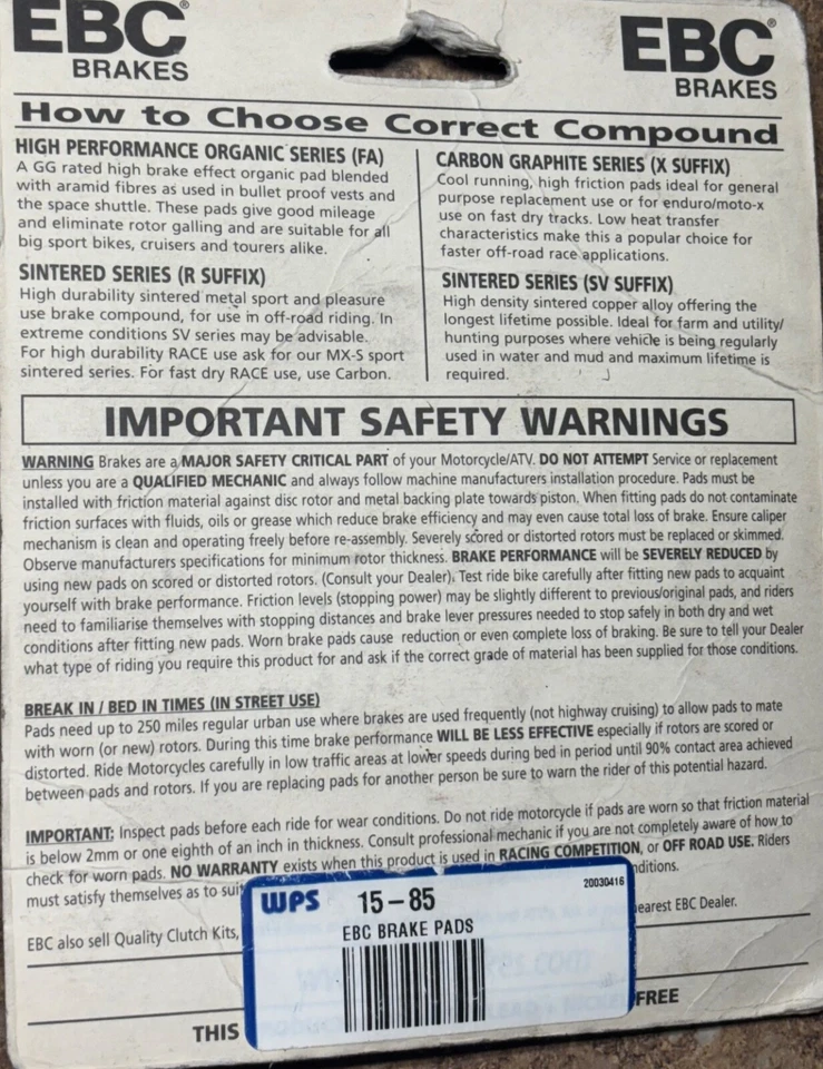 Pastilhas de freio EBC FA85 Kawasaki VN800 VN750 EN500 Vulcan Eliminator EL EX 250 ZX VN - Imagem 4 de 4