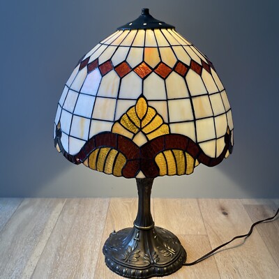 Antique 1930s Tiffany Style Stained Glass Brass LARGE Desk Table Lamp 24