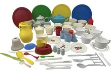 Vintage Toy Dishes Plastic Playset Mid Century Kitchen Plates Cups Utensils Lot