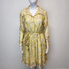 Flora by Alexandria Cassia Yellow Floral Dress Size M Silk Sheer Sleeves Couture