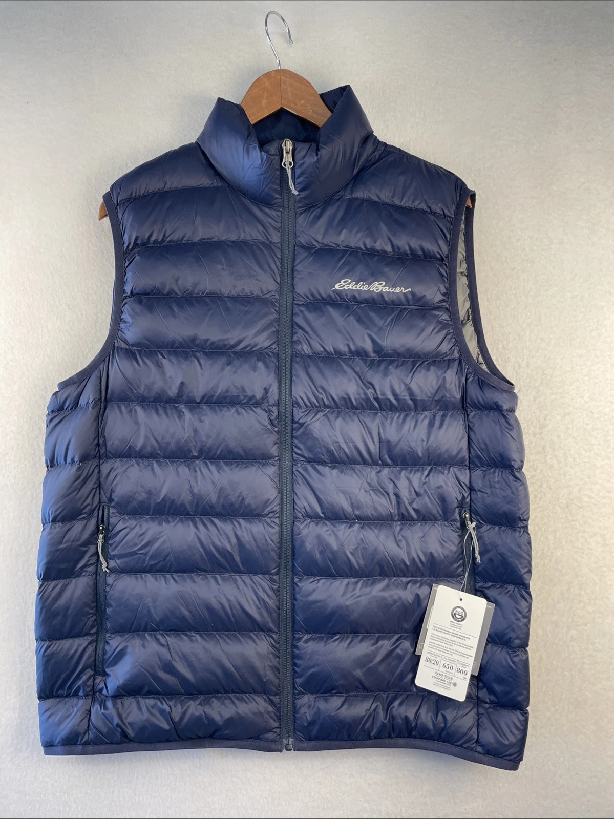 New Eddie Bauer EB650 Mens Microlight Down Vest Fill Packable Navy Blue Sz M NWT