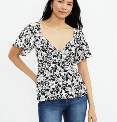 Ann Taylor Loft Floral Flutter Tie Neck Top Small Black White Smocked L26