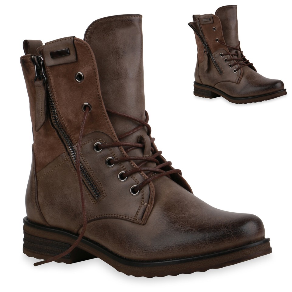 Pogolino Damen Biker Boots Mit Schnallen - Gefütterte Stiefeletten Mit 4cm Absatz