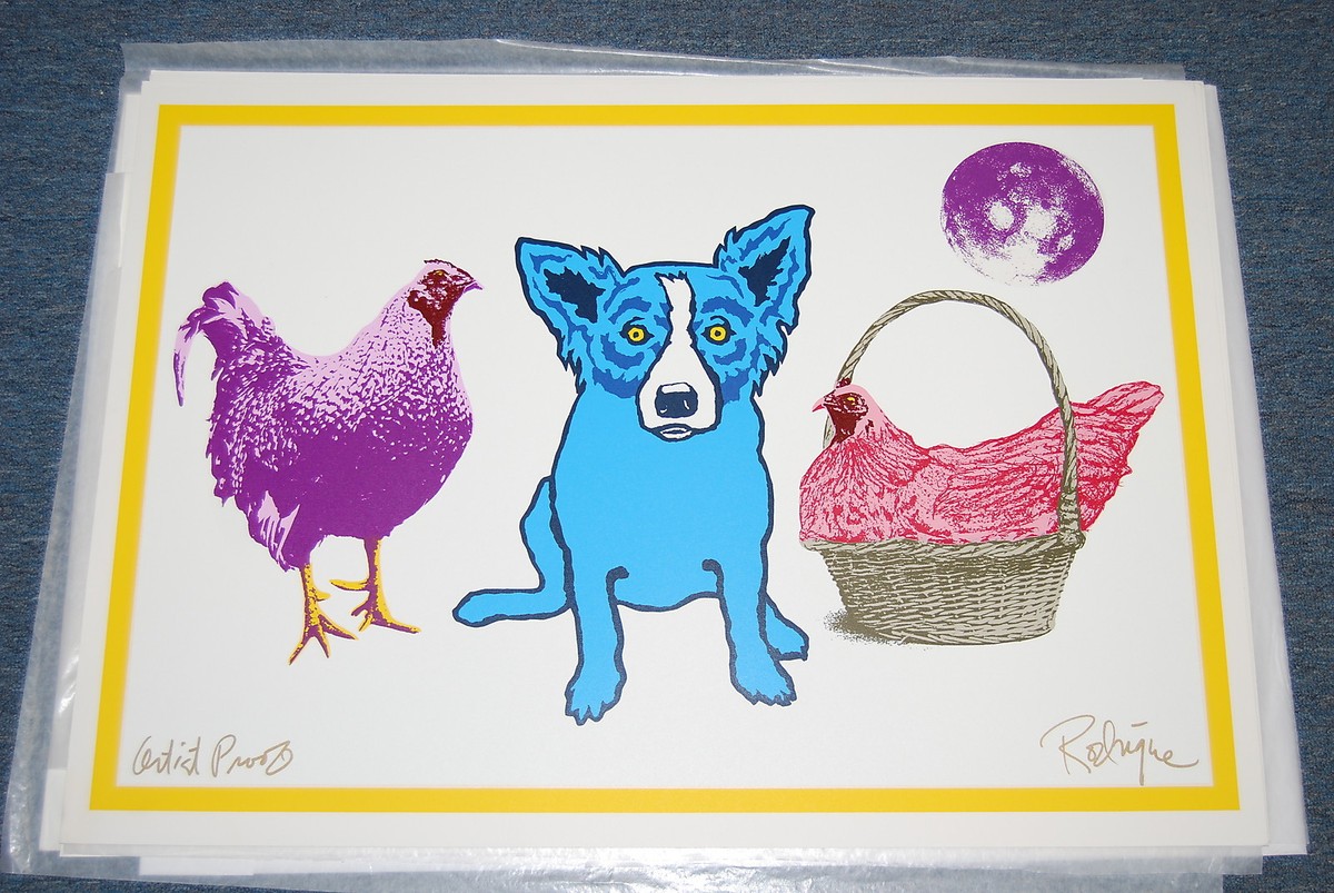 George Rodrigue Blue Dog Chicken In A Basket White Silkscreen