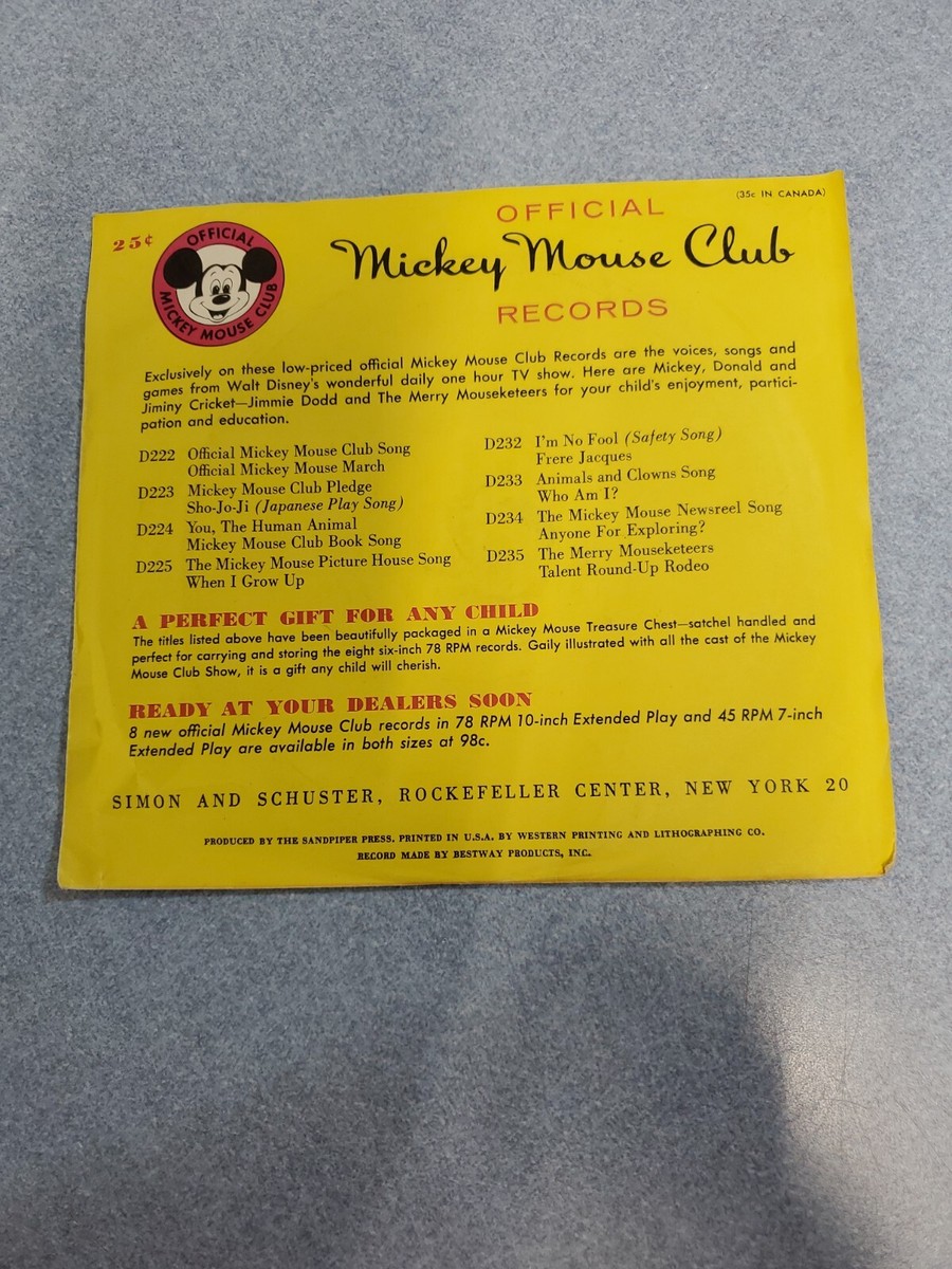 Jimmie Dodd Mickey Mouse Club March And Song 6” 78 RPM MICKEY
