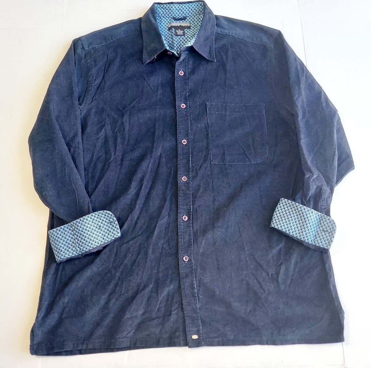 Andrew Fezza Corduroy Shirt Mens XL Blue Button Up Flip Cuff Long Andrew Fezza Corduroy Shirt Mens XL Blue Button Up Flip Cuff Long