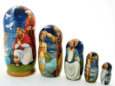 5 Poupées Russes Gigognes Matriochka - H 19 Cm - Peintes Main Signées - Artisanat Russe