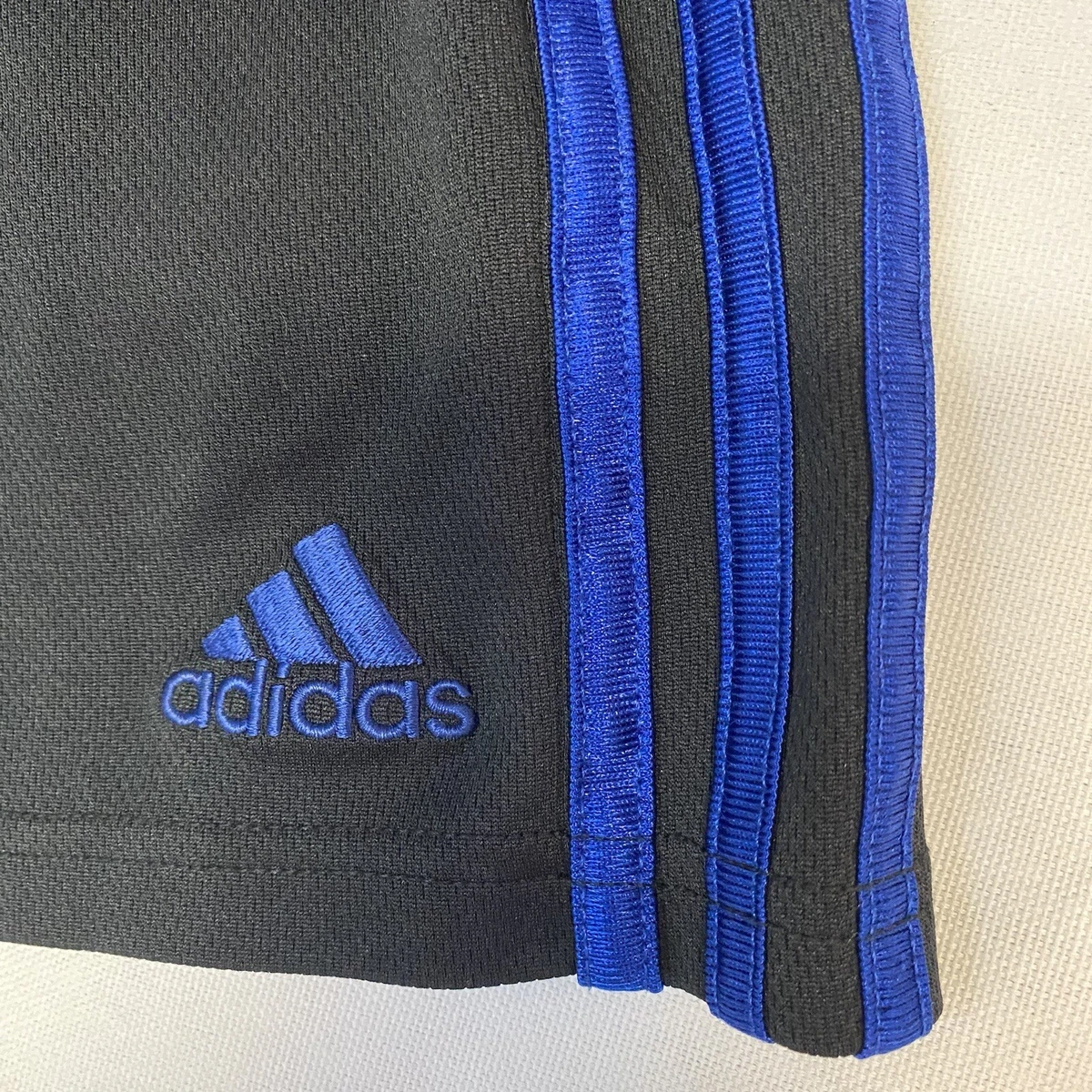 Adidas Shorts Boys Terry drawstring 3 stripes Size Large 14 16 Black w Blue
