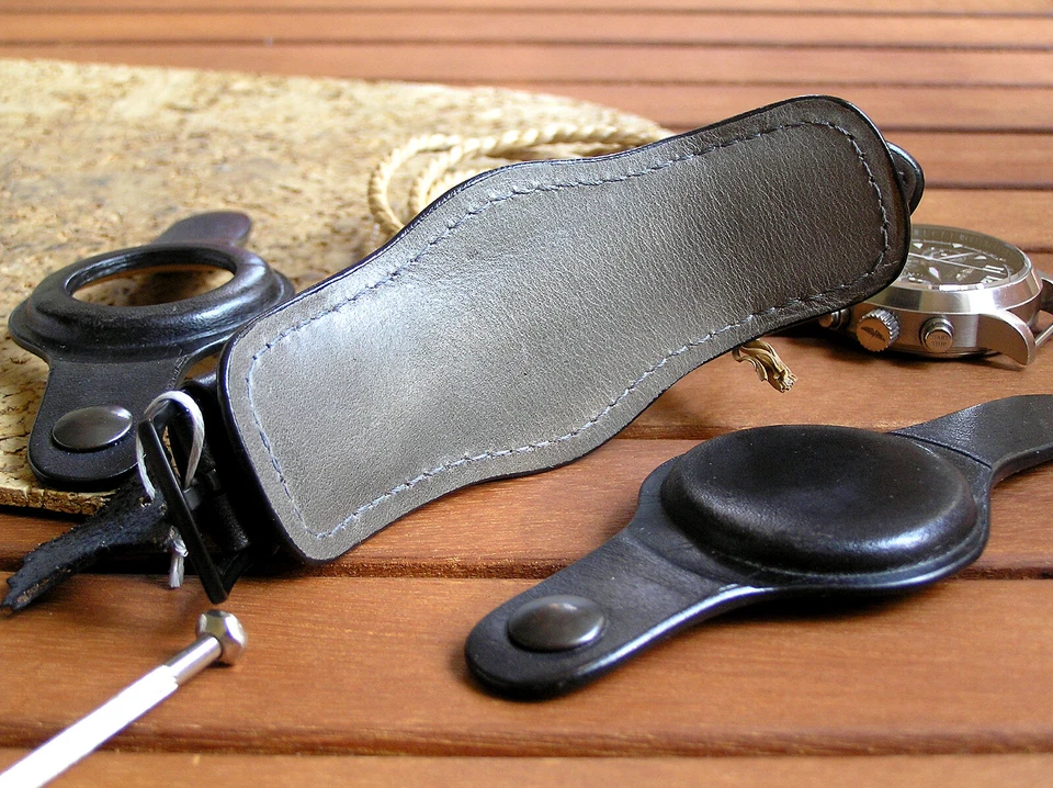 Correa de reloj de cuero 22 mm negra correa brazalete pulsera dos cubiertas Foto 4 de 4