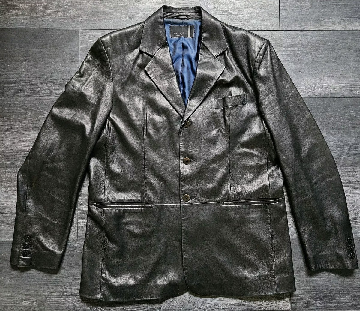 Ted Baker Leather Coat Men XL Size Black Soft Lined Jacket