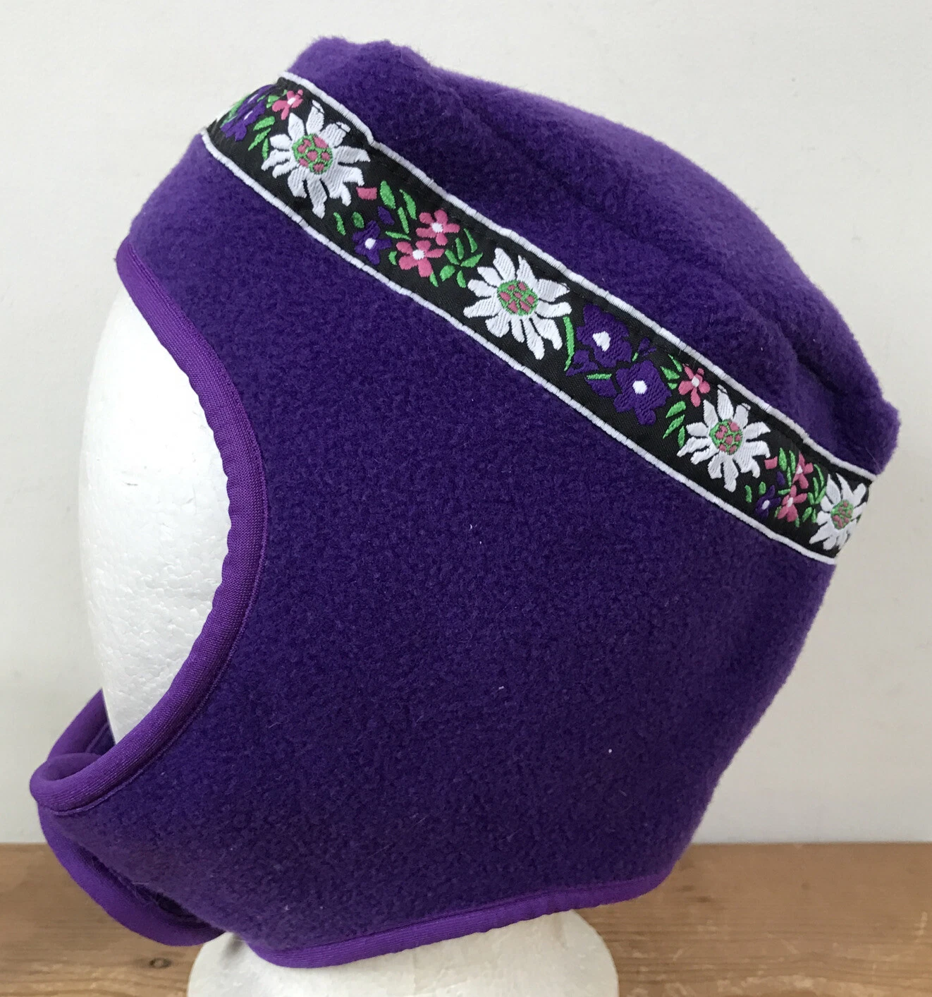 Vintage 90s USA Made Cherry Tree Fleece Purple Floral Chinstrap Winter Hat Large