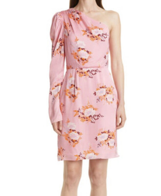 les reveries pink dress NWT Les Reveries ONE-SLEEVE FLORAL-PRINT MATTE-SATIN MINI DRESS IN PINK  Size 4