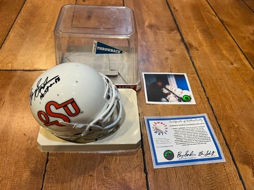 BARRY SANDERS AUTOGRAPHED MINI HELMET OKLAHOMA STATE HEISMAN 1988 LOA