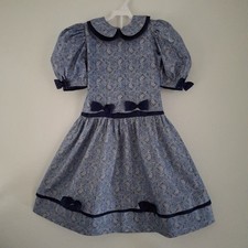 Vintage SYLVIA WHYTE Girl Dress 8 Paisley Blue Party Bows Cotton Cottage Cute