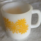 Vintage Milk Glass Glasbake Mckee Yellow Daisy Flower Coffee Mugs MCM set of 4