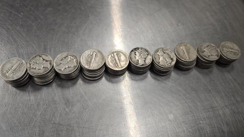 Mercury Dimes $10 Face Value 90% Silver 2 Rolls 100 Coin Bulk Lot
