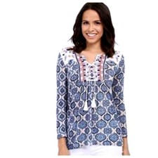 Lucky Brand blue white boho medallion print peasant top colorful embroidery NWT