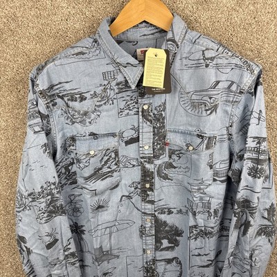 Levi s Western Standard Fit Mens XL Denim Pearl Snap All Over Print Beach