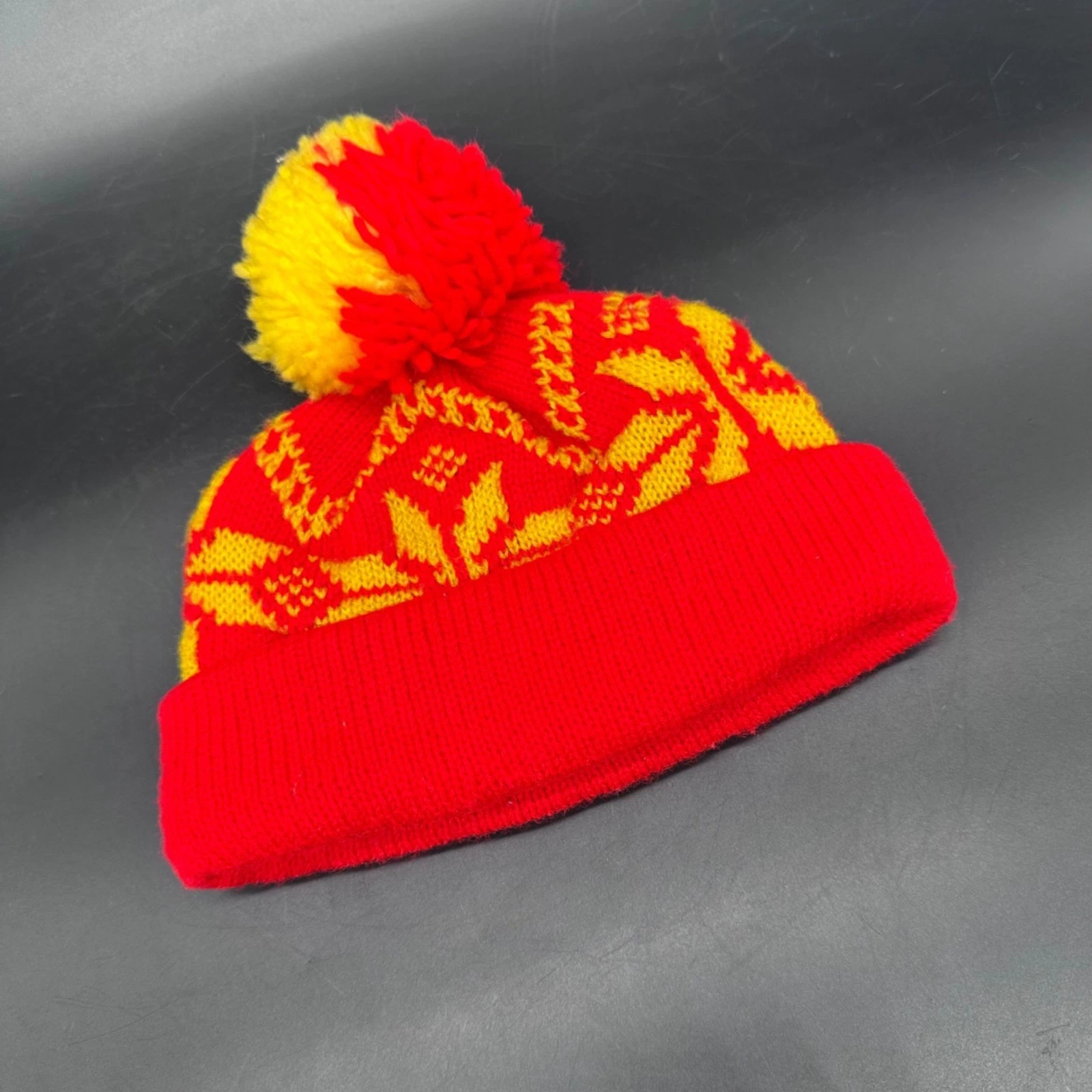 Vtg Beanie Sock Hat Winter Baby Toddler 80s Taiwan Snowflake Red Yellow Pom Pom