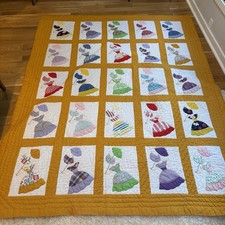 Handmade Sunbonnet Sue Appliqu Quilt 88 x 70 Mustard Vtg.Girls Umbrella Block