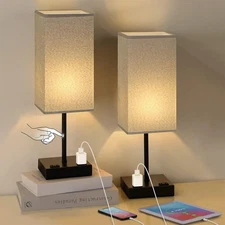 Set of 2 Touch Control Side Table Lamps with Dual AC Outlets for Bedrooms Office