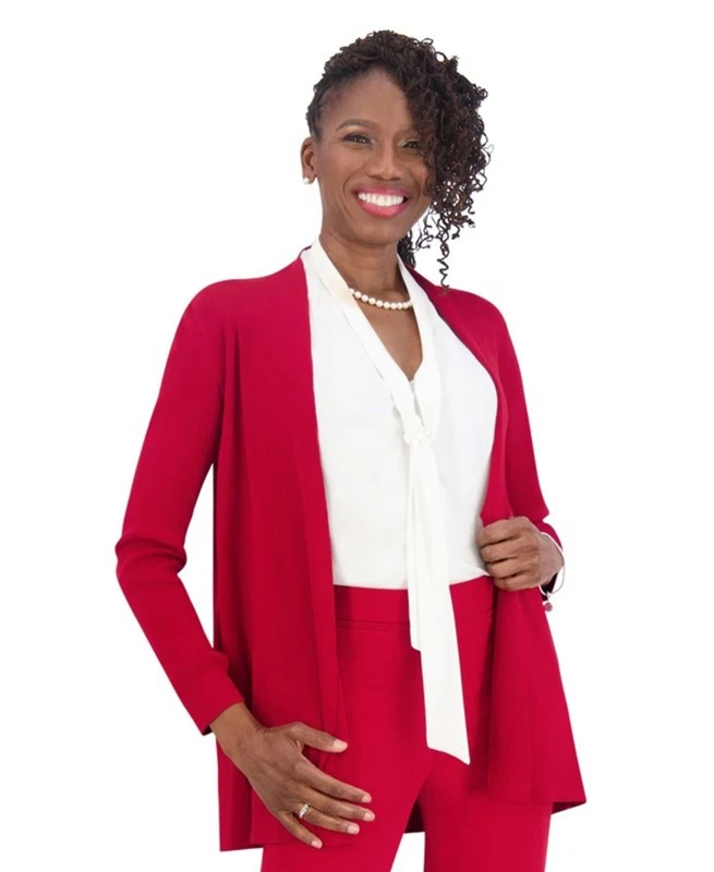 Cárdigan Kasper para mujer talla grande frente abierto (carmesí, 3X) Foto 2 de 2