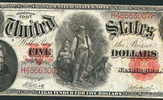 $5 1907 United States Note Legal Tender Woodchopper CURRENCY