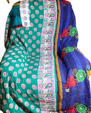 Kantha Quilt Throw Bedspread Teal Lavender Blues Red Floral Paisley Reversible