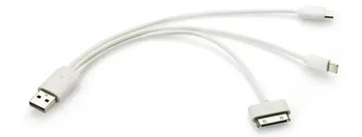 USB Cable with Three Ends, Micro USB, iPhone, iPad, iPhone, Approx 22cm, White