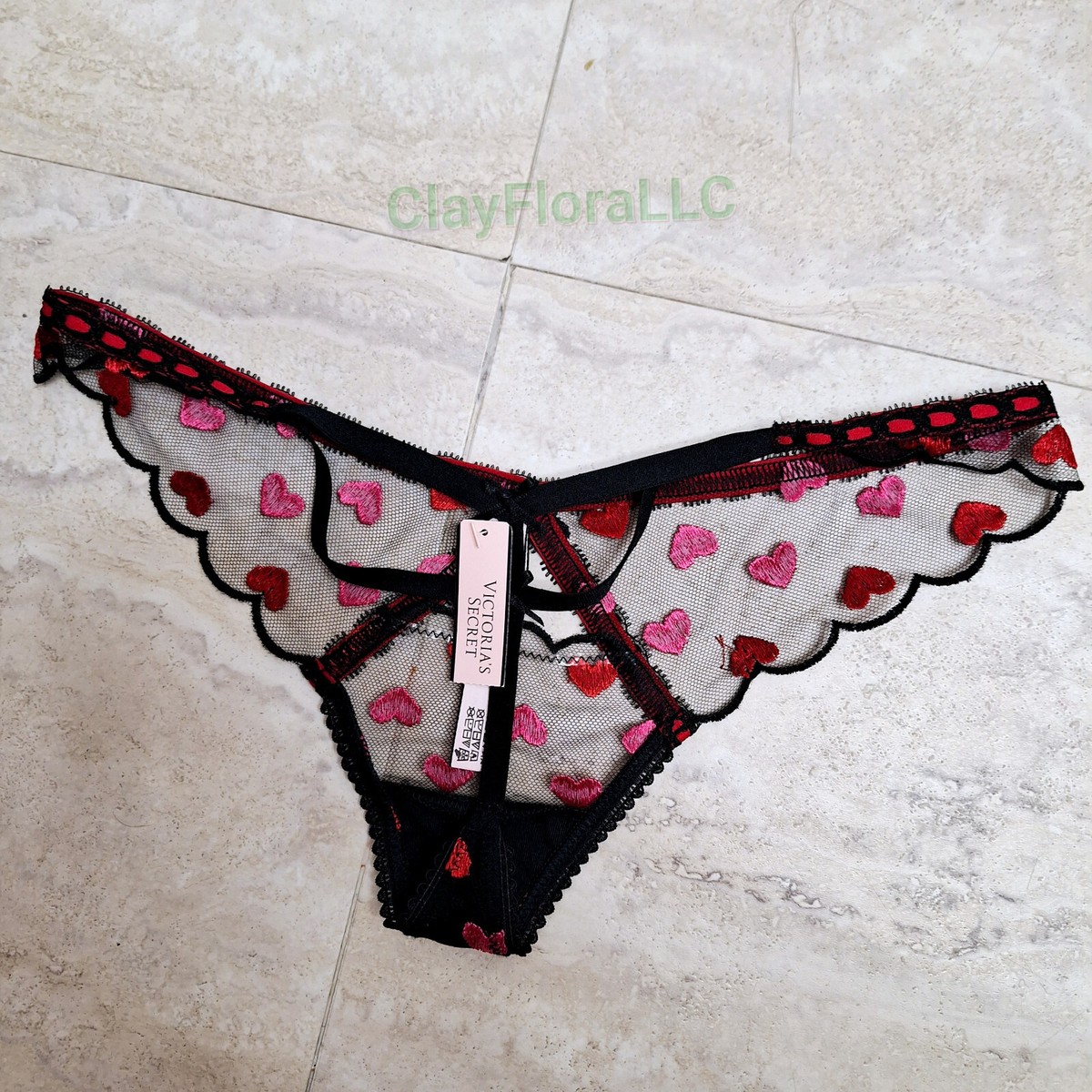 Victorias Secret Dream Angels Satin Heart Print V String Thong Panty Red White