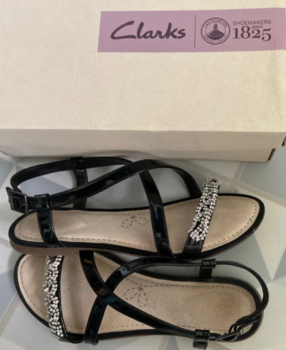 Clarks black patent leather diamante Sail Breeze strappy sandals 5 D 38 box
