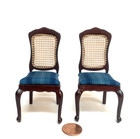 TWO DOLLHOUSE MINIATURE CANE BACK CHAIRS BLUE STRIPED CUSHIONS WALNUT FINISH