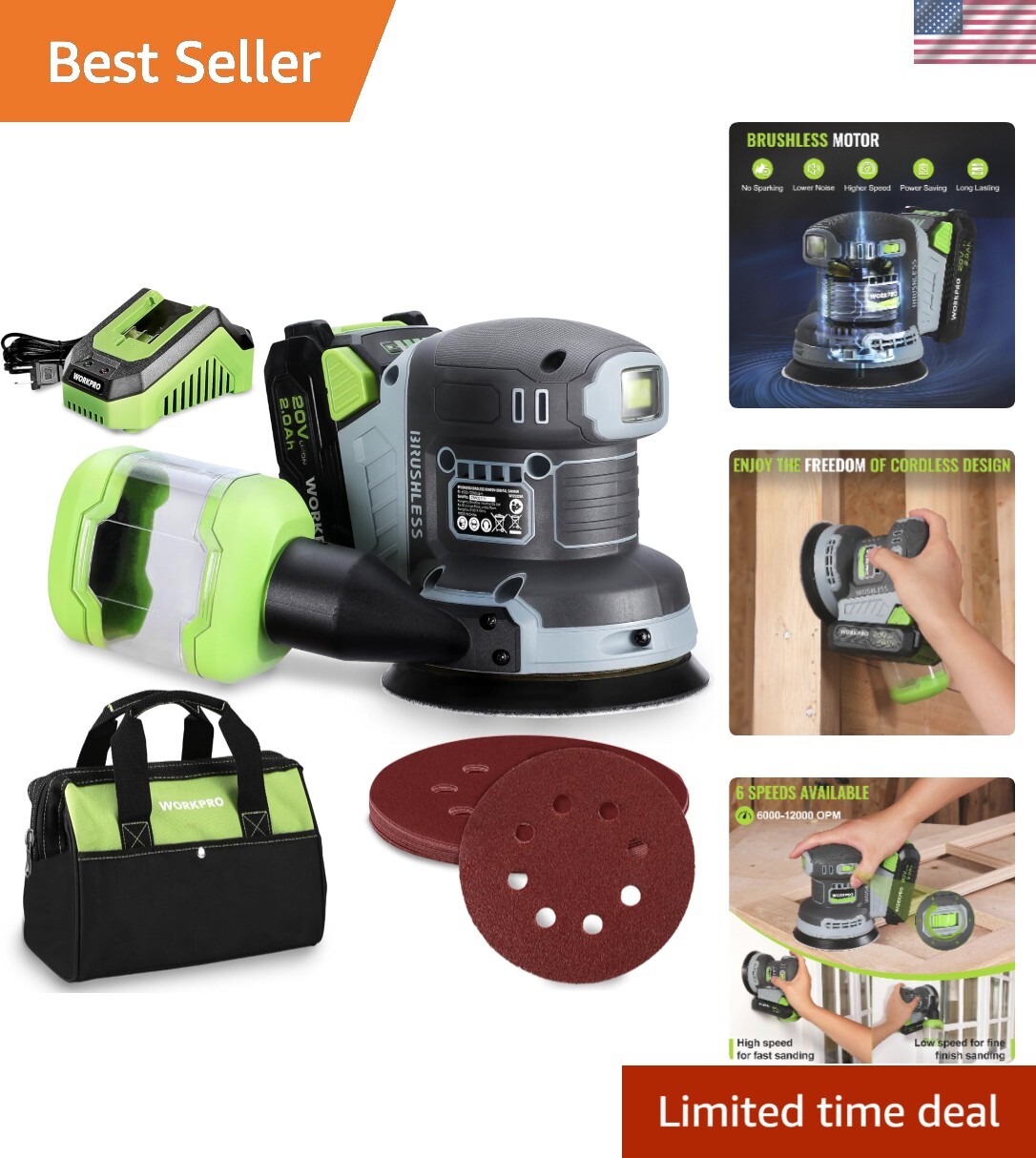 Cordless Random Orbital Sander Brushless 6 Variable Speeds 6000 to 12000 OPM,...