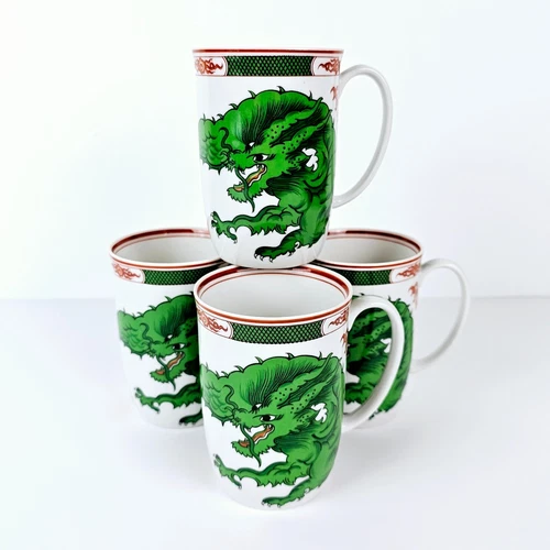 NEW Vintage Fitz & Floyd DRAGON CREST GREEN Coffee/Tea Mugs Set/4