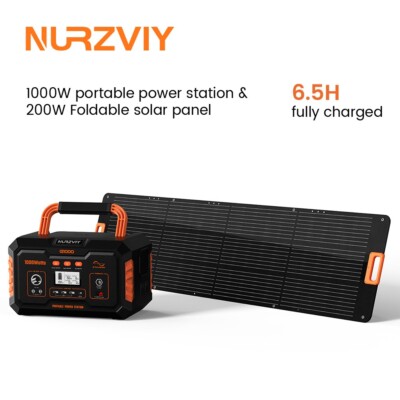 NURZVIY Solar Generator 1000W 999Wh Battery 22.6% Efficiency 200W Solar Panel