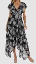 NW Nightway Womens Black Floral-Print Handkerchief-Hem Wrap Dress Size 6