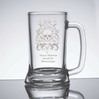 Engraved Customized Personalized Beer Mug Glass with Skull Design 
